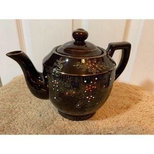 Vintage Brown Betty Redware Teapot Moriage Enamel Hand Painted Japan Collectible